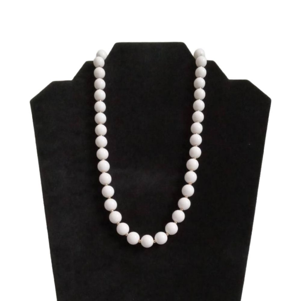 White & Gold Toned Round Acrylic Beaded Single Strand Costume Jewelry Necklace